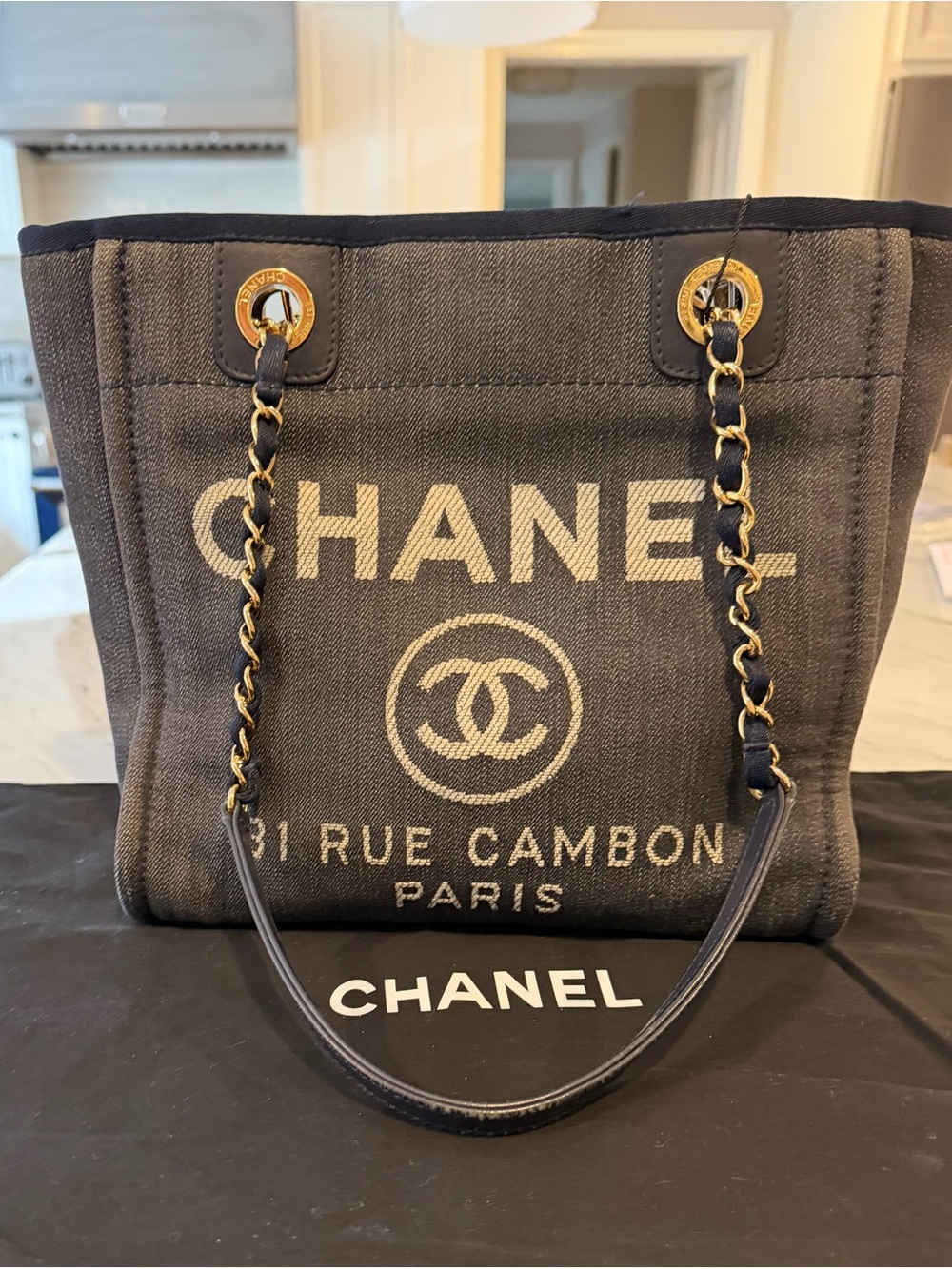 CHANEL Small Deauville Tote Navy Denim Gold Hardware 31 Rue Cambon Authentic